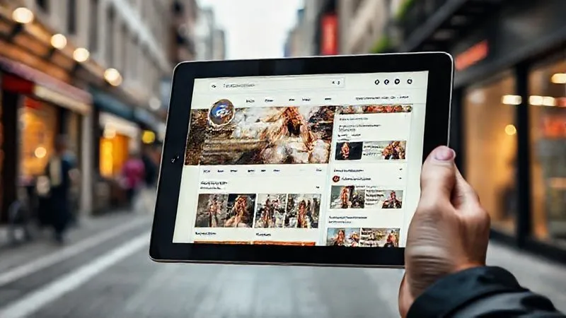 A photorealistic image of a vibrant, interactive Google My Business profile displayed on a modern tablet, with customer reviews, local event posts, and high-quality product photos clearly visible, surrounded by a subtle blur of a bustling local street. professional photography, 8K, cinematic lighting, sharp focus, depth of field, shot on a high-end DSLR.