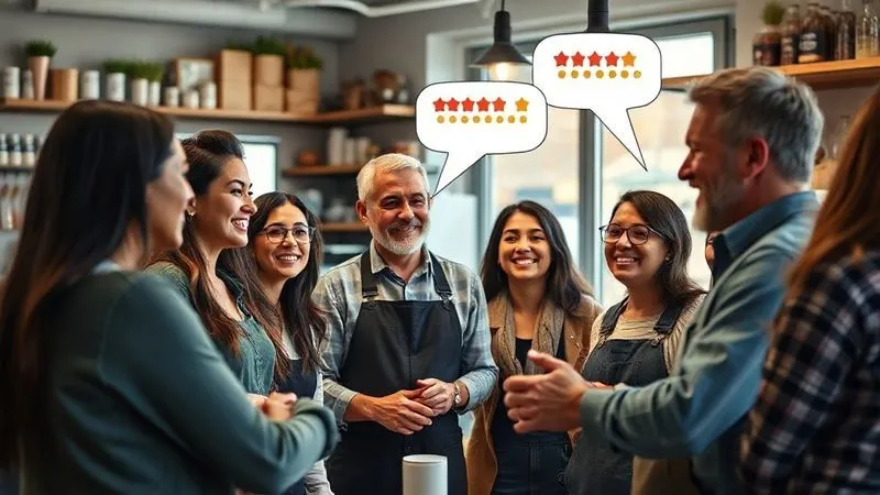 A photorealistic image of a diverse group of happy customers interacting positively with a local business owner, with speech bubbles subtly indicating positive reviews and referrals, set in a friendly, well-lit local shop. professional photography, 8K, cinematic lighting, sharp focus, depth of field, shot on a high-end DSLR.