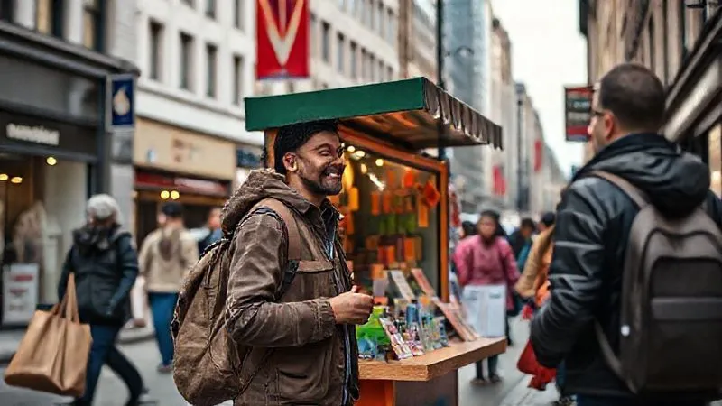 A photorealistic image of a lively street scene where a small, independent business is executing a creative, low-cost "guerrilla marketing" stunt, like a vibrant pop-up display or interactive street art, drawing smiles and attention from passersby. professional photography, 8K, cinematic lighting, sharp focus, depth of field, shot on a high-end DSLR.