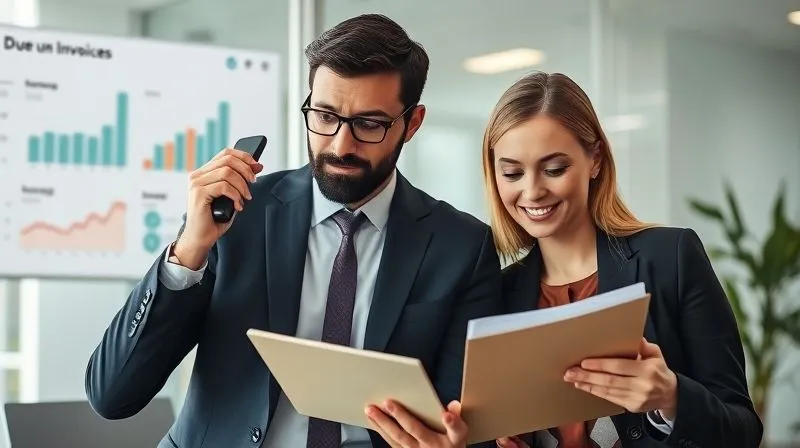 A photorealistic image of two business professionals, one on the phone with a calm yet firm expression, looking at a digital dashboard displaying overdue invoices. The other is reviewing a customer file. The scene suggests professional, empathetic problem-solving in an office environment, 8K, sharp focus. A photorealistic image of two business professionals, one on the phone with a calm yet firm expression, looking at a digital dashboard displaying overdue invoices. The other is reviewing a customer file. The scene suggests professional, empathetic problem-solving in an office environment, 8K, sharp focus.