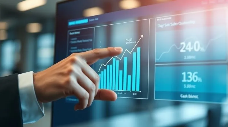 A photorealistic image of a professional hand pushing a button on a sleek digital dashboard displaying financial metrics, specifically highlighting a declining "Days Sales Outstanding" graph and an increasing "Cash Balance" graph. Cinematic lighting, sharp focus on the hand and screen, depth of field blurring the modern office background, 8K hyper-detailed.