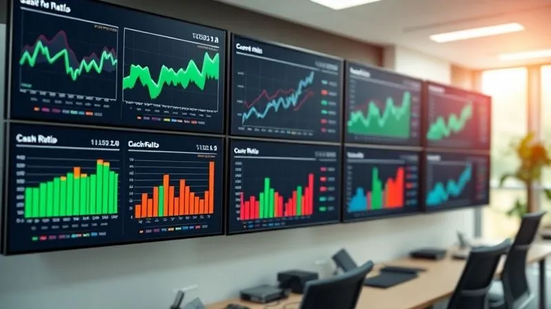 A photorealistic image of a modern financial dashboard displayed on multiple screens in a professional office. The dashboard shows various graphs and charts for cash flow forecasts, current ratio, quick ratio, and cash conversion cycle, with a clear, positive trend for working capital improvement. Cinematic lighting, sharp focus on the screens, depth of field blurring the background, 8K hyper-detailed.