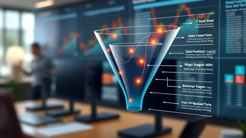 A photorealistic, professional photography, 8K, cinematic lighting, sharp focus, depth of field, shot on a high-end DSLR of a detailed, transparent 3D sales funnel infographic with glowing data points highlighting bottlenecks at specific stages, set against a blurred background of a busy office dashboard.
