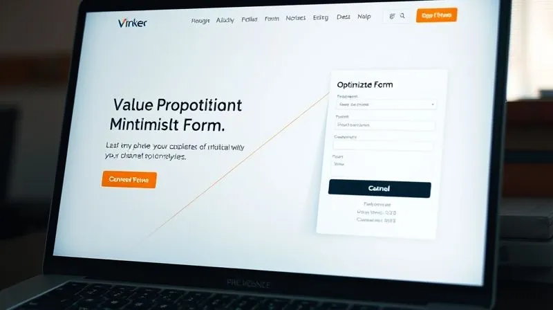 A photorealistic, professional photography, 8K, cinematic lighting, sharp focus, depth of field, shot on a high-end DSLR of a clean, modern landing page displaying a clear value proposition, an optimized form with minimal fields, and a prominent, contrasting call-to-action button. A subtle upward trend graph is visible in the background, symbolizing conversion. The screen has a subtle glow.