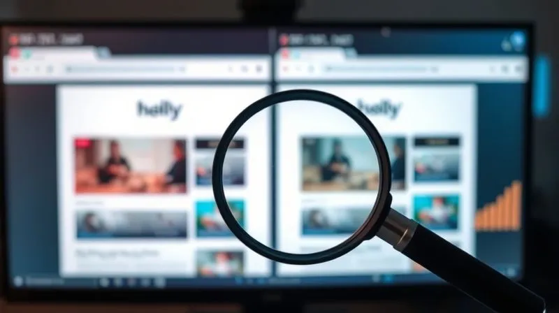A photorealistic, professional photography, 8K, cinematic lighting, sharp focus, depth of field, shot on a high-end DSLR of two distinct versions of a web page (A and B) side-by-side on a large monitor, with a magnifying glass hovering over them. Data charts and analytics graphs are subtly displayed in the background, symbolizing comparison and analysis in A/B testing.