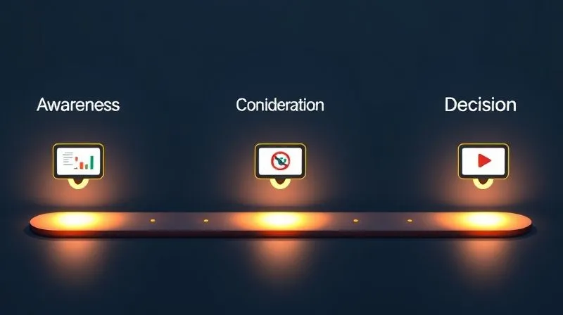 Photorealistic, professional photography, 8K, cinematic lighting, sharp focus, depth of field, shot on a high-end DSLR. A clean, modern infographic-style representation of a B2B buyer's journey, with three distinct stages (Awareness, Consideration, Decision) depicted as illuminated pathways. Each path has a small, relevant video icon illustrating the type of content needed. The overall image should convey clarity and strategic progression. Photorealistic, professional photography, 8K, cinematic lighting, sharp focus, depth of field, shot on a high-end DSLR. A clean, modern infographic-style representation of a B2B buyer's journey, with three distinct stages (Awareness, Consideration, Decision) depicted as illuminated pathways. Each path has a small, relevant video icon illustrating the type of content needed. The overall image should convey clarity and strategic progression.