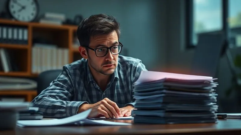 photorealistic, professional photography, 8K, cinematic lighting, sharp focus, depth of field, shot on a high-end DSLR. A weary sales professional looking at a towering stack of irrelevant documents on their desk, while a single, glowing, important document sits untouched on the side, symbolizing wasted effort on bad leads.