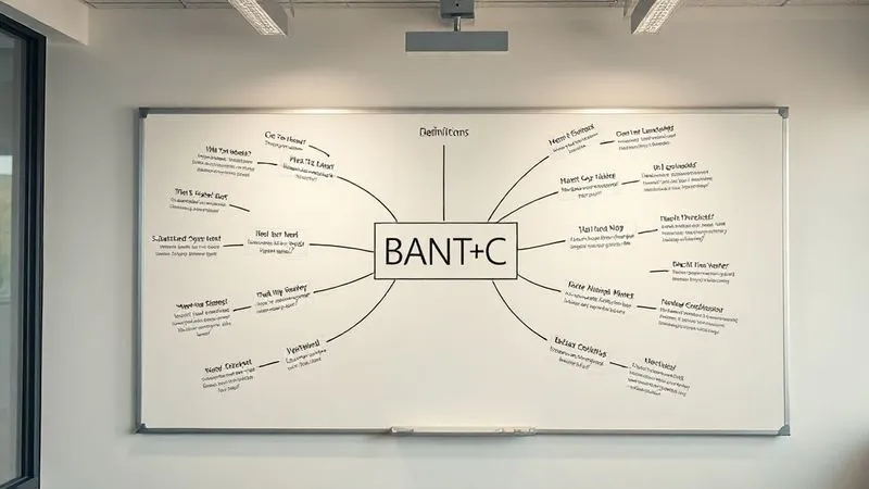 photorealistic, professional photography, 8K, cinematic lighting, sharp focus, depth of field, shot on a high-end DSLR. A well-organized flowchart or mind map on a clean whiteboard, with 'BANT+C' at the center, radiating out to clear, concise definitions and questions for each element, presented in a modern office setting.