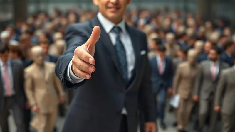 photorealistic, professional photography, 8K, cinematic lighting, sharp focus, depth of field, shot on a high-end DSLR. A confident business person extending a polite, firm hand to stop a flood of generic, blurred figures, while a few clear, sharply focused figures approach on a separate, inviting path, symbolizing effective lead disqualification.