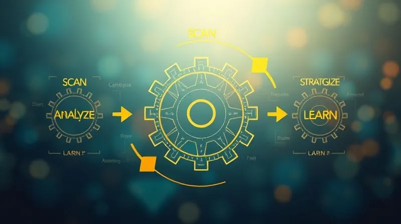 A photorealistic image of a continuous feedback loop represented by interlocking gears and arrows, with data points flowing seamlessly between different stages: 'Scan,' 'Analyze,' 'Strategize,' 'Innovate,' and 'Learn.' The image is bathed in a soft, dynamic light, sharp focus on the central mechanism, depth of field blurring the background, 8K hyper-detailed. A photorealistic image of a continuous feedback loop represented by interlocking gears and arrows, with data points flowing seamlessly between different stages: 'Scan,' 'Analyze,' 'Strategize,' 'Innovate,' and 'Learn.' The image is bathed in a soft, dynamic light, sharp focus on the central mechanism, depth of field blurring the background, 8K hyper-detailed.