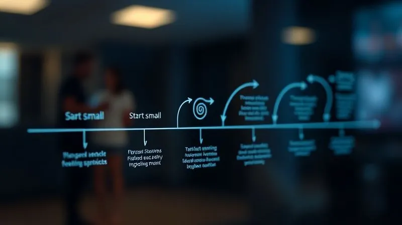 A photorealistic, professional photography, 8K, cinematic lighting, sharp focus, depth of field, shot on a high-end DSLR, depicting a dynamic, evolving flow chart or timeline with distinct phases, starting small and expanding, illustrating a phased rollout and continuous improvement cycle for technology integration, with arrows indicating feedback loops.