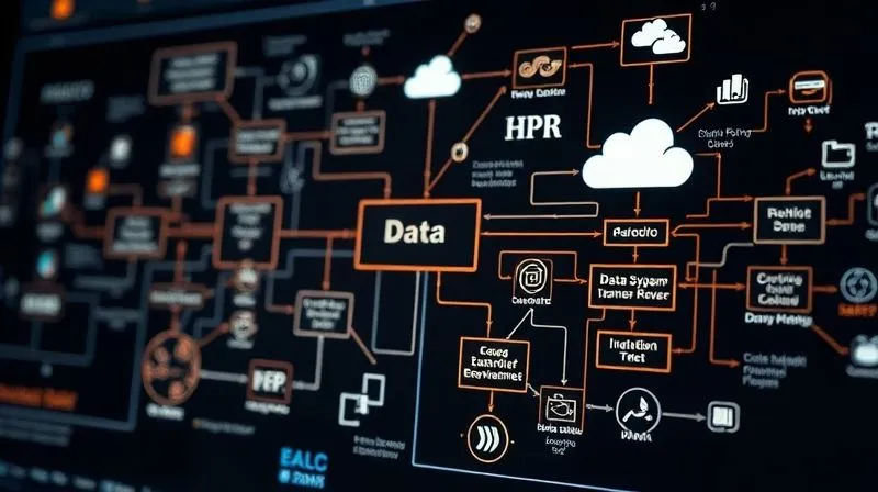 A photorealistic, professional photography, 8K, cinematic lighting, sharp focus, depth of field, shot on a high-end DSLR of a complex and intricate flow chart diagram, illustrating data moving between various systems, with some older, blocky systems and newer, sleek cloud icons. Lines connect them, some glowing with successful data transfer, others showing bottlenecks or manual intervention points, symbolizing the challenges and opportunities in HR tech integration.