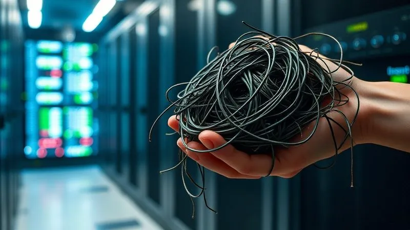 A photorealistic, professional photography, 8K, cinematic lighting, sharp focus, depth of field, shot on a high-end DSLR of a clean data stream flowing into a modern, sleek database server, while in the background, a tangled, messy pile of old, fragmented data files is being sorted and cleaned by a digital hand, symbolizing data cleansing and migration.