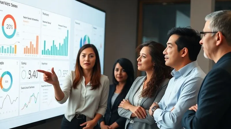 A photorealistic, professional photography, 8K, cinematic lighting, sharp focus, depth of field, shot on a high-end DSLR of a diverse team of professionals collaborating around a large interactive screen displaying HR data dashboards. One person points to a metric, while others nod in agreement, symbolizing successful user adoption and team collaboration on new HR technology.