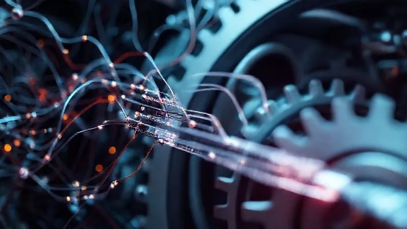 A photorealistic image showing a complex network of data streams converging into a single, clean, organized flow, with gears turning smoothly in the background, symbolizing increased efficiency and cost savings. Professional photography, 8K, cinematic lighting, sharp focus, depth of field, shot on a high-end DSLR.