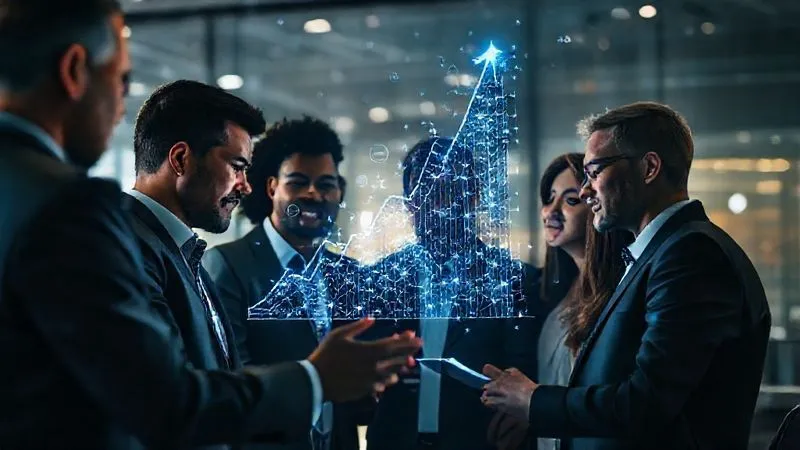 A photorealistic image of a diverse team of business professionals collaboratively analyzing a holographic projection of complex, interconnected data points forming an upward trending graph, symbolizing innovation and revenue growth. Professional photography, 8K, cinematic lighting, sharp focus, depth of field, shot on a high-end DSLR.