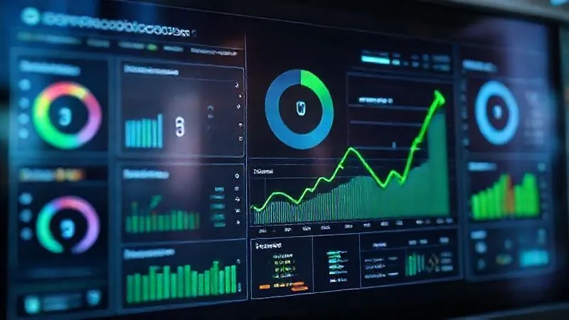 A photorealistic image of a sleek, modern digital dashboard displaying various data governance KPIs, including data quality scores, compliance metrics, and ROI projections, with a green upward trend line prominently featured. Professional photography, 8K, cinematic lighting, sharp focus, depth of field, shot on a high-end DSLR.