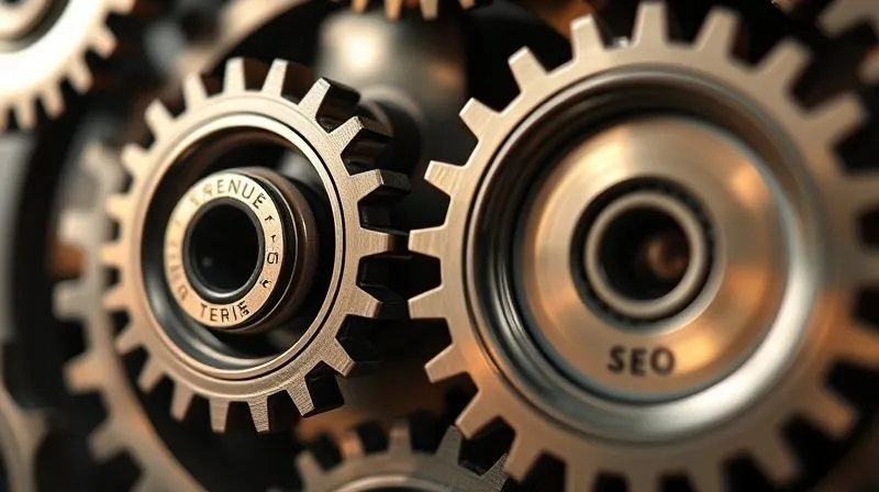A photorealistic image depicting a complex gear mechanism, where smaller gears labeled 'SEO', 'Social Media', 'Content' mesh perfectly with larger gears labeled 'Revenue Growth', 'Market Share', 'Customer Retention'. Cinematic lighting, sharp focus on the interlocking gears, depth of field blurring the background. Shot on a high-end DSLR, 8K hyper-detailed.