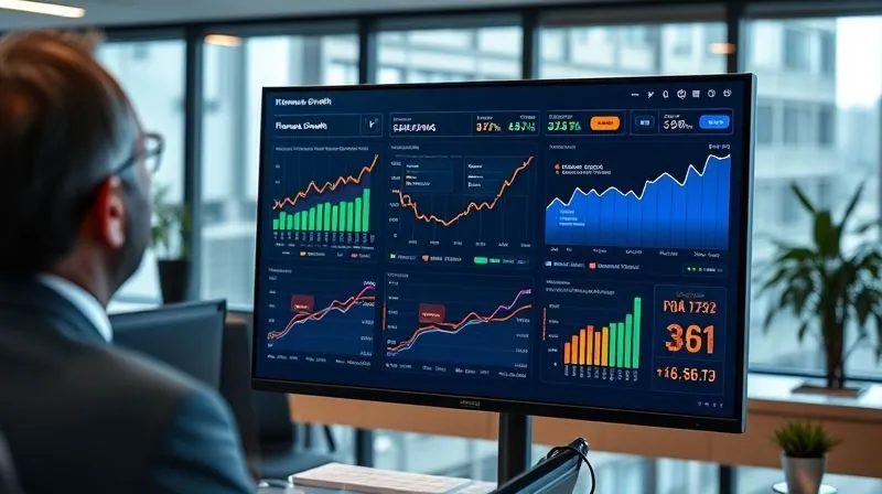 A photorealistic image of a sleek, modern data dashboard displayed on a large monitor in a professional office. The dashboard shows clear, color-coded charts and graphs illustrating revenue growth, conversion rates, and ROI, with key performance indicators highlighted. Sharp focus on the screen, reflecting a focused professional. Cinematic lighting, depth of field blurring the background. Shot on a high-end DSLR, 8K hyper-detailed.
