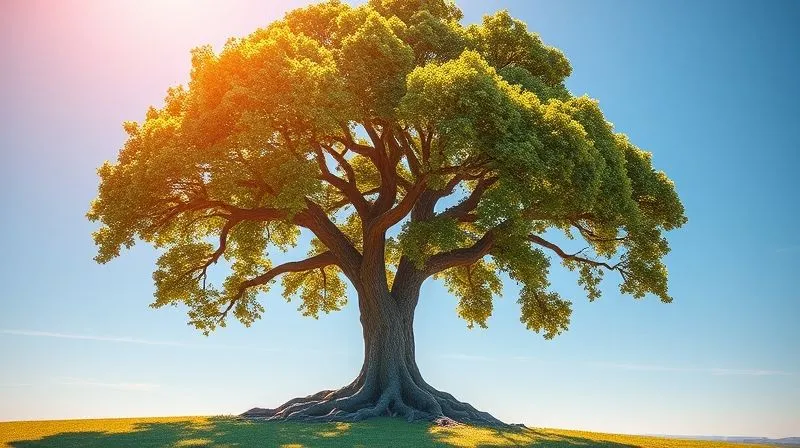 A photorealistic image showing a strong, healthy oak tree with deep roots, symbolizing long-term brand equity and customer loyalty. The tree is bathed in warm, cinematic sunlight, with a clear blue sky in the background. Sharp focus on the tree, with a subtle depth of field blurring the distant horizon. Shot on a high-end DSLR, 8K hyper-detailed.