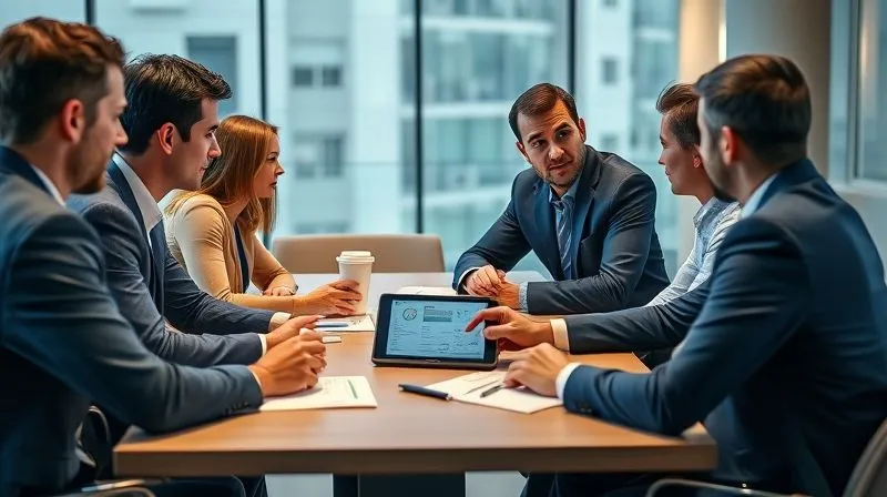 A photorealistic image of a professional, diverse team of executives engaged in a focused discussion around a modern conference table. One executive is confidently presenting clear, concise information on a tablet, maintaining eye contact with others who are actively listening. Cinematic lighting, sharp focus on the interaction, depth of field blurring the background. Shot on a high-end DSLR, 8K hyper-detailed.
