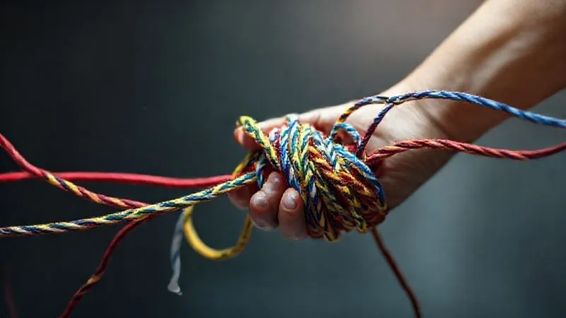 A photorealistic, professional photography, 8K, cinematic lighting, sharp focus, depth of field, shot on a high-end DSLR. A complex, tangled knot of colored ropes, representing a business problem, is being expertly untangled by a single, precise hand, revealing a clear, straight path beneath. The background is softly blurred, emphasizing the focused problem-solving. Emotion: clarity, precision, relief. A photorealistic, professional photography, 8K, cinematic lighting, sharp focus, depth of field, shot on a high-end DSLR. A complex, tangled knot of colored ropes, representing a business problem, is being expertly untangled by a single, precise hand, revealing a clear, straight path beneath. The background is softly blurred, emphasizing the focused problem-solving. Emotion: clarity, precision, relief.