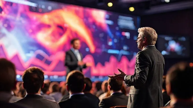 A photorealistic, professional photography, 8K, cinematic lighting, sharp focus, depth of field, shot on a high-end DSLR. A charismatic, authoritative thought leader, well-dressed, delivering an inspiring speech on a stage with a large, abstract data visualization screen behind them. The audience is engaged and attentive. Emotion: inspiration, trust, expertise. A photorealistic, professional photography, 8K, cinematic lighting, sharp focus, depth of field, shot on a high-end DSLR. A charismatic, authoritative thought leader, well-dressed, delivering an inspiring speech on a stage with a large, abstract data visualization screen behind them. The audience is engaged and attentive. Emotion: inspiration, trust, expertise.