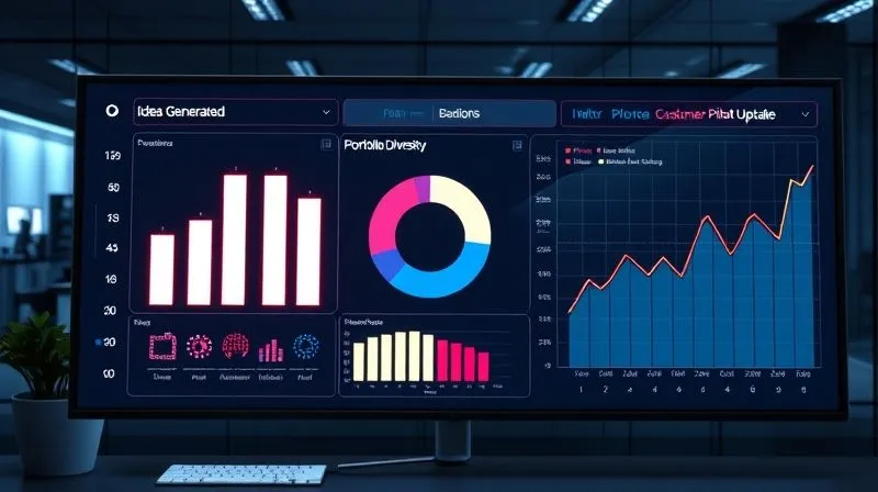 A photorealistic 3D dashboard displaying various innovation metrics: a bar chart for 'Ideas Generated', a pie chart for 'Portfolio Diversity', and a line graph for 'Customer Pilot Uptake'. The dashboard is modern, clean, with subtle glowing elements, set in a professional, high-tech office environment with cinematic lighting and a sharp focus on the data, 8K hyper-detailed.