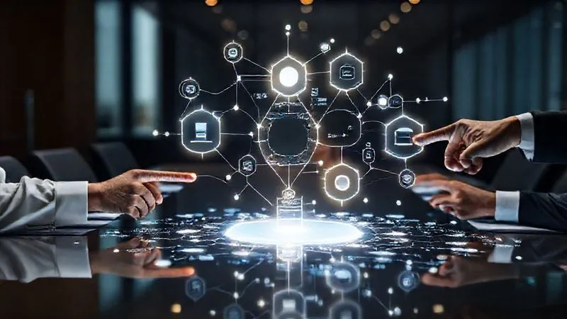 A photorealistic image of a complex, glowing holographic business model projected onto a conference table, with hands pointing at different interconnected elements, representing strategic planning and justification. Professional photography, 8K, cinematic lighting, sharp focus on the holographic model, depth of field blurring the background, shot on a high-end DSLR.