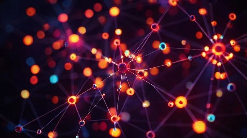 A photorealistic image of a vibrant, interconnected network of glowing nodes and lines, representing a diversified innovation portfolio with different sizes and colors of nodes indicating risk levels and potential. Professional photography, 8K, cinematic lighting, sharp focus on the central nodes, depth of field blurring the background, shot on a high-end DSLR.