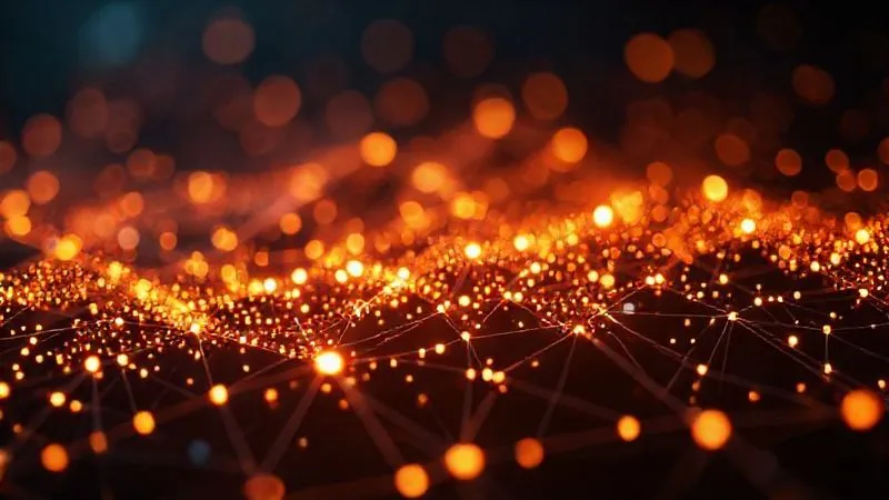 A photorealistic image of an abstract data visualization, like a glowing network of points connected by lines, with some points growing brighter and larger, representing the progression of non-financial innovation metrics. Professional photography, 8K, cinematic lighting, sharp focus on the expanding points, depth of field blurring the background, shot on a high-end DSLR.