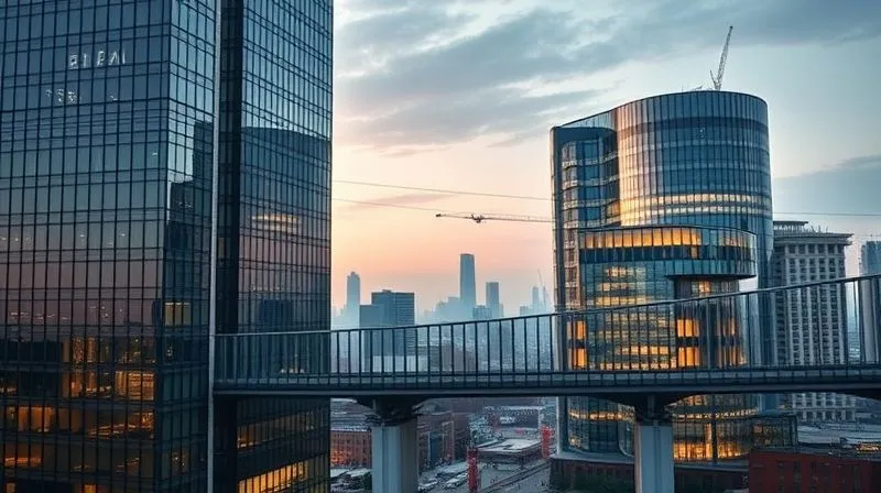 A photorealistic, professional photography image of a large, well-oiled corporate headquarters building on the left, connected by a transparent, modern bridge to a smaller, vibrant, and architecturally distinct startup-style building on the right, symbolizing an ambidextrous organization. Cinematic lighting, sharp focus on the connection, depth of field blurring the background city, 8K, shot on a high-end DSLR. A photorealistic, professional photography image of a large, well-oiled corporate headquarters building on the left, connected by a transparent, modern bridge to a smaller, vibrant, and architecturally distinct startup-style building on the right, symbolizing an ambidextrous organization. Cinematic lighting, sharp focus on the connection, depth of field blurring the background city, 8K, shot on a high-end DSLR.