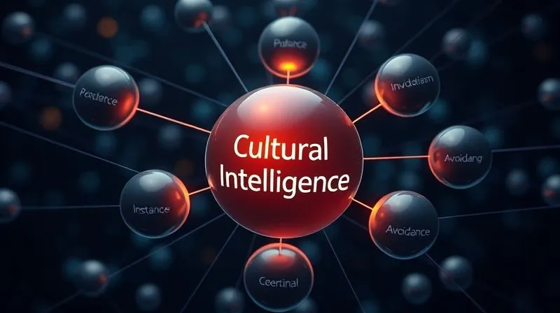 A photorealistic 3D infographic showing interconnected spheres representing different cultural dimensions (e.g., Power Distance, Individualism, Uncertainty Avoidance) with subtle labels, all orbiting a central glowing core of 'Cultural Intelligence'. Cinematic lighting, 8K, sharp focus, depth of field.