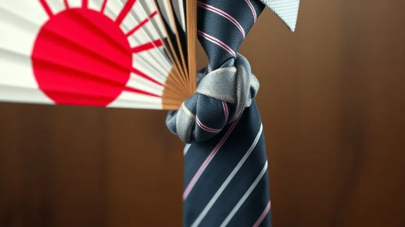 A photorealistic image of two distinct cultural symbols (e.g., a traditional Japanese fan and a Western business tie) intertwined but not clashing, instead forming a balanced, harmonious knot. Cinematic lighting, 8K, sharp focus, depth of field, symbolizing conflict resolution and integration.