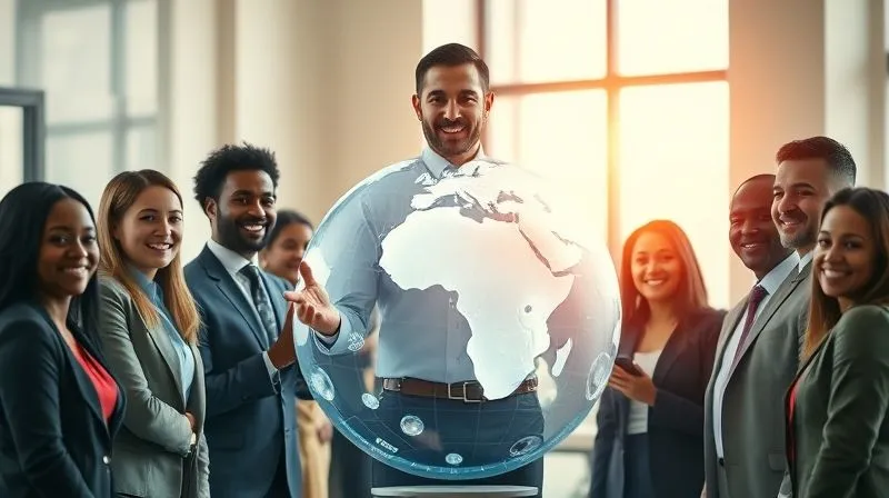 A photorealistic, professional photography, 8K, cinematic lighting, sharp focus, depth of field, shot on a high-end DSLR, of a diverse group of professionals from various ethnic backgrounds, smiling and collaborating around a large, illuminated holographic globe in a modern, sunlit office. A charismatic leader stands at the center, gesturing inclusively, symbolizing unity and effective global leadership.