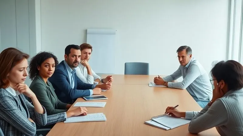 photorealistic, professional photography, 8K, cinematic lighting, sharp focus, depth of field, shot on a high-end DSLR, a diverse group of employees sitting around a conference table, some with worried expressions, others with questioning looks, a leader at the head of the table listening intently with an empathetic and understanding demeanor, soft natural light filling the room.