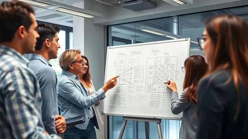 photorealistic, professional photography, 8K, cinematic lighting, sharp focus, depth of field, shot on a high-end DSLR, a diverse team of professionals actively collaborating around a whiteboard, drawing diagrams, writing ideas, and engaging in lively discussion, a sense of shared purpose and creativity, bright modern office environment.