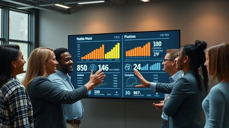 photorealistic, professional photography, 8K, cinematic lighting, sharp focus, depth of field, shot on a high-end DSLR, a diverse team of professionals gathered around a large digital screen displaying positive metrics and graphs, some smiling and high-fiving, a sense of achievement and collective success, warm celebratory lighting.