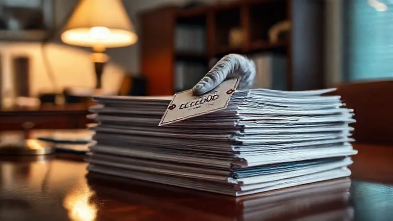 A photorealistic close-up of a stack of legal documents and files on a polished mahogany desk, illuminated by a desk lamp, with a gloved hand carefully placing an evidence tag. The background shows a blurred, professional office environment. The scene evokes meticulous investigation and legal rigor. professional photography, 8K, cinematic lighting, sharp focus, depth of field, shot on a high-end DSLR. A photorealistic close-up of a stack of legal documents and files on a polished mahogany desk, illuminated by a desk lamp, with a gloved hand carefully placing an evidence tag. The background shows a blurred, professional office environment. The scene evokes meticulous investigation and legal rigor. professional photography, 8K, cinematic lighting, sharp focus, depth of field, shot on a high-end DSLR.