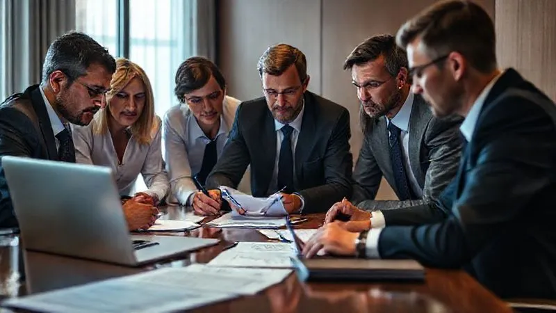 A photorealistic image depicting a focused legal team huddled around a conference table, reviewing documents and discussing strategy. There are multiple legal pads, pens, and a laptop with glowing screens, suggesting intense deliberation. The mood is serious and professional, with a sense of urgency. professional photography, 8K, cinematic lighting, sharp focus, depth of field, shot on a high-end DSLR. A photorealistic image depicting a focused legal team huddled around a conference table, reviewing documents and discussing strategy. There are multiple legal pads, pens, and a laptop with glowing screens, suggesting intense deliberation. The mood is serious and professional, with a sense of urgency. professional photography, 8K, cinematic lighting, sharp focus, depth of field, shot on a high-end DSLR.