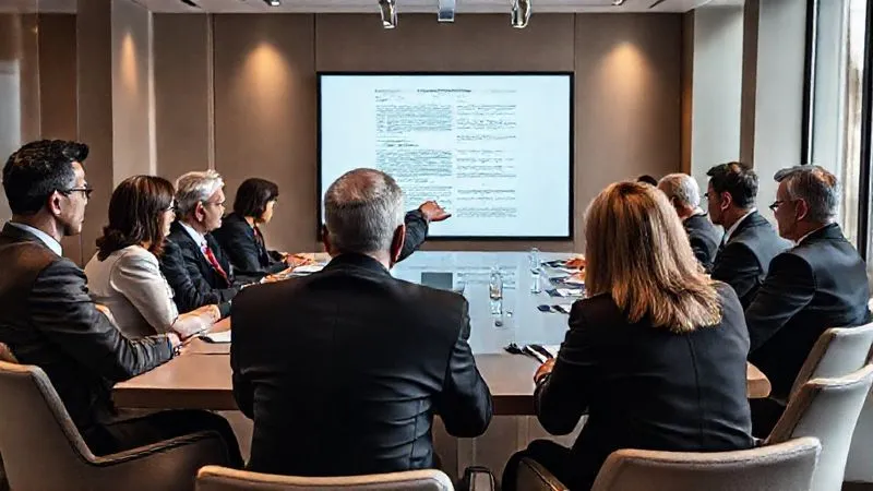 A photorealistic image of a diverse group of serious, well-dressed professionals (some appearing as legal counsel, others as board members) in a modern, elegant conference room, deeply engaged in a discussion around a large table. One person points to a complex legal document projected on a screen, while others listen intently, conveying the gravity of legal consultation. professional photography, 8K, cinematic lighting, sharp focus, depth of field, shot on a high-end DSLR. A photorealistic image of a diverse group of serious, well-dressed professionals (some appearing as legal counsel, others as board members) in a modern, elegant conference room, deeply engaged in a discussion around a large table. One person points to a complex legal document projected on a screen, while others listen intently, conveying the gravity of legal consultation. professional photography, 8K, cinematic lighting, sharp focus, depth of field, shot on a high-end DSLR.