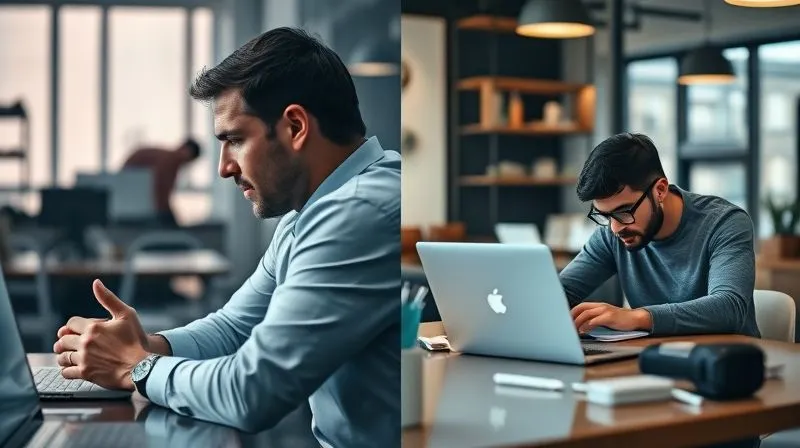 A photorealistic image showing a distinct split screen. On one side, a manager is giving detailed, step-by-step instructions to a team member in a structured office environment. On the other side, an individual is working independently on a laptop in a coffee shop, focused and self-directed, with creative tools around them. Cinematic lighting, sharp focus on both scenes, depth of field, 8K hyper-detailed, shot on a high-end DSLR. A photorealistic image showing a distinct split screen. On one side, a manager is giving detailed, step-by-step instructions to a team member in a structured office environment. On the other side, an individual is working independently on a laptop in a coffee shop, focused and self-directed, with creative tools around them. Cinematic lighting, sharp focus on both scenes, depth of field, 8K hyper-detailed, shot on a high-end DSLR.