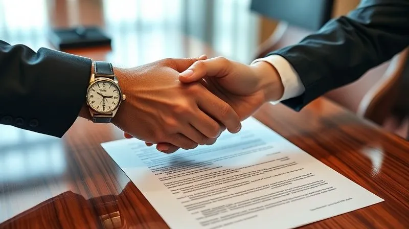 A photorealistic image of two hands shaking over a legal document on a polished conference table. One hand is wearing a formal business watch, representing a structured employer, and the other has a slightly more casual, creative appearance, representing an independent contractor. The document shows blurred legal clauses, implying a contract being finalized. Cinematic lighting, sharp focus on the hands and document, depth of field, 8K hyper-detailed, shot on a high-end DSLR. A photorealistic image of two hands shaking over a legal document on a polished conference table. One hand is wearing a formal business watch, representing a structured employer, and the other has a slightly more casual, creative appearance, representing an independent contractor. The document shows blurred legal clauses, implying a contract being finalized. Cinematic lighting, sharp focus on the hands and document, depth of field, 8K hyper-detailed, shot on a high-end DSLR.