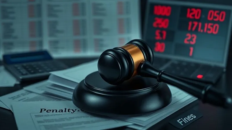 A photorealistic image of a heavy, dark gavel resting on a stack of legal documents labeled 'Penalties' and 'Fines'. In the background, there are blurred images of spreadsheets with red numbers and a calculator, emphasizing financial implications. The lighting is dramatic and somber, creating a sense of gravity and seriousness. Sharp focus on the gavel, depth of field, 8K hyper-detailed, shot on a high-end DSLR. A photorealistic image of a heavy, dark gavel resting on a stack of legal documents labeled 'Penalties' and 'Fines'. In the background, there are blurred images of spreadsheets with red numbers and a calculator, emphasizing financial implications. The lighting is dramatic and somber, creating a sense of gravity and seriousness. Sharp focus on the gavel, depth of field, 8K hyper-detailed, shot on a high-end DSLR.