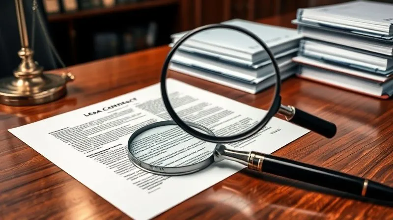photorealistic, professional photography, 8K, cinematic lighting, sharp focus, depth of field, shot on a high-end DSLR, a legal contract document open on a polished wooden desk, with a magnifying glass meticulously examining fine print, stacks of other legal binders in the background, conveying detailed review and legal scrutiny.