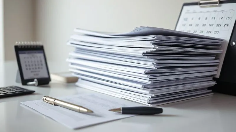 photorealistic, professional photography, 8K, cinematic lighting, sharp focus, depth of field, shot on a high-end DSLR, a stack of meticulously organized legal documents, folders, and a pen on a clean, minimalist desk, with a calendar marked for important dates, conveying careful record-keeping and strategic planning.