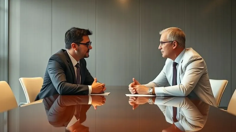 photorealistic, professional photography, 8K, cinematic lighting, sharp focus, depth of field, shot on a high-end DSLR, two individuals in professional attire, one representing a franchisee and the other a franchisor, engaged in a serious discussion across a polished conference table with a neutral mediator facilitating the conversation, conveying negotiation and conflict resolution.