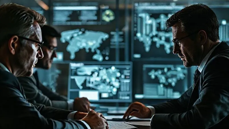 A photorealistic image of a tense, focused legal team in a modern war room setting, reviewing digital threat maps and legal documents projected on transparent screens. Cinematic lighting creates dramatic shadows, sharp focus on their faces, depth of field blurring the complex data in the background. Shot on a high-end DSLR, 8K hyper-detailed. A photorealistic image of a tense, focused legal team in a modern war room setting, reviewing digital threat maps and legal documents projected on transparent screens. Cinematic lighting creates dramatic shadows, sharp focus on their faces, depth of field blurring the complex data in the background. Shot on a high-end DSLR, 8K hyper-detailed.