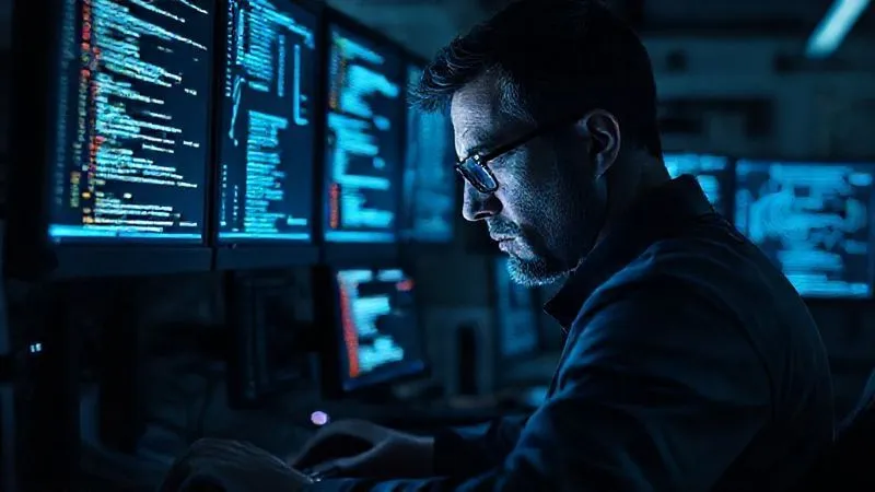 A photorealistic image of a digital forensics expert meticulously examining lines of code and network diagrams on multiple glowing monitors in a darkened, high-tech lab. The scene is illuminated by the screens, casting an intense, focused glow on the expert's face. Sharp focus on the screen details, depth of field blurring the background equipment. Shot on a high-end DSLR, 8K hyper-detailed. A photorealistic image of a digital forensics expert meticulously examining lines of code and network diagrams on multiple glowing monitors in a darkened, high-tech lab. The scene is illuminated by the screens, casting an intense, focused glow on the expert's face. Sharp focus on the screen details, depth of field blurring the background equipment. Shot on a high-end DSLR, 8K hyper-detailed.