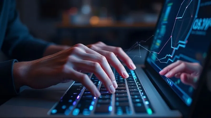 A photorealistic image of a person intensely focused on a computer screen, hands hovering over a keyboard, with abstract glowing lines of data flowing from their fingertips into the screen, symbolizing creative input merging with AI processing. Professional photography, 8K, cinematic lighting, sharp focus on the hands and screen, depth of field blurring the background, shot on a high-end DSLR. A photorealistic image of a person intensely focused on a computer screen, hands hovering over a keyboard, with abstract glowing lines of data flowing from their fingertips into the screen, symbolizing creative input merging with AI processing. Professional photography, 8K, cinematic lighting, sharp focus on the hands and screen, depth of field blurring the background, shot on a high-end DSLR.